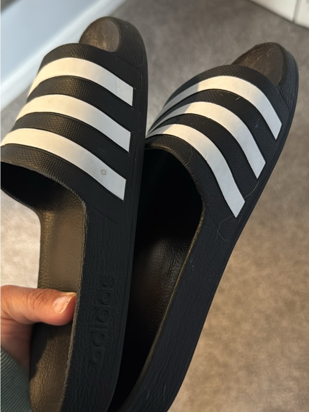 adidas Women’s Black Slide Sandals with White Stripes